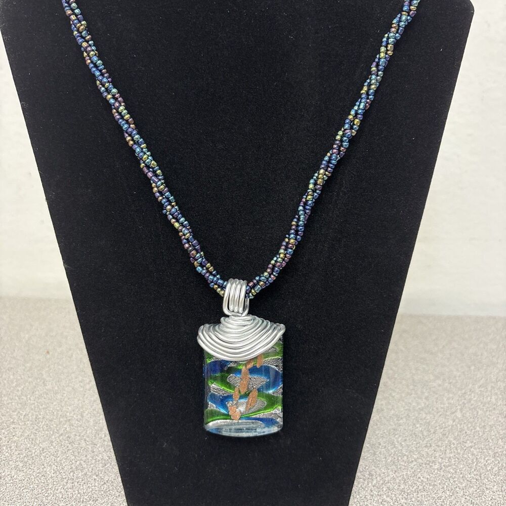 Wire Wrapped Dichroic Rectangular Glass Pendant, Silver, Teal, Beaded Necklace